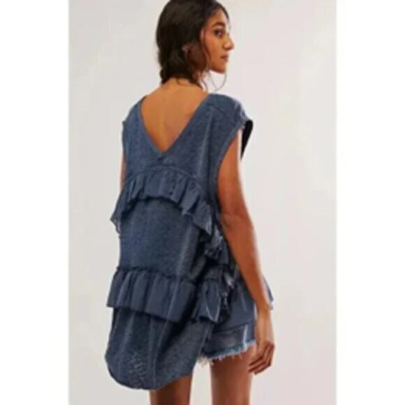 Free People Tops - Free People Slouchy Claire Tee Blue Ruffle Tunic Top Large